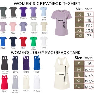 a collection of women's crew neck t-shirts and a women's jersey racerback tank, providing size and color options for customers.
