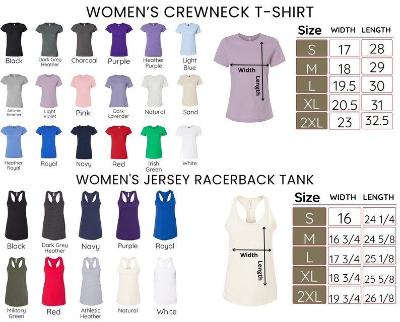 a collection of women's crew neck t-shirts and a women's jersey racerback tank, providing size and color options for customers.