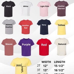 Puede incluir: Un gr&aacute;fico que muestra los diferentes colores y tama&ntilde;os de las camisetas de jersey para ni&ntilde;os peque&ntilde;os Bella Canvas. El gr&aacute;fico incluye 12 colores: negro, blanco, rosa claro, marr&oacute;n jaspeado, jaspeado atl&eacute;tico, rojo jaspeado, azul marino, amarillo, malva, morado, rojo y natural. El gr&aacute;fico tambi&eacute;n incluye las medidas de ancho y largo para cada talla: 2T, 3T, 4T y 5T.