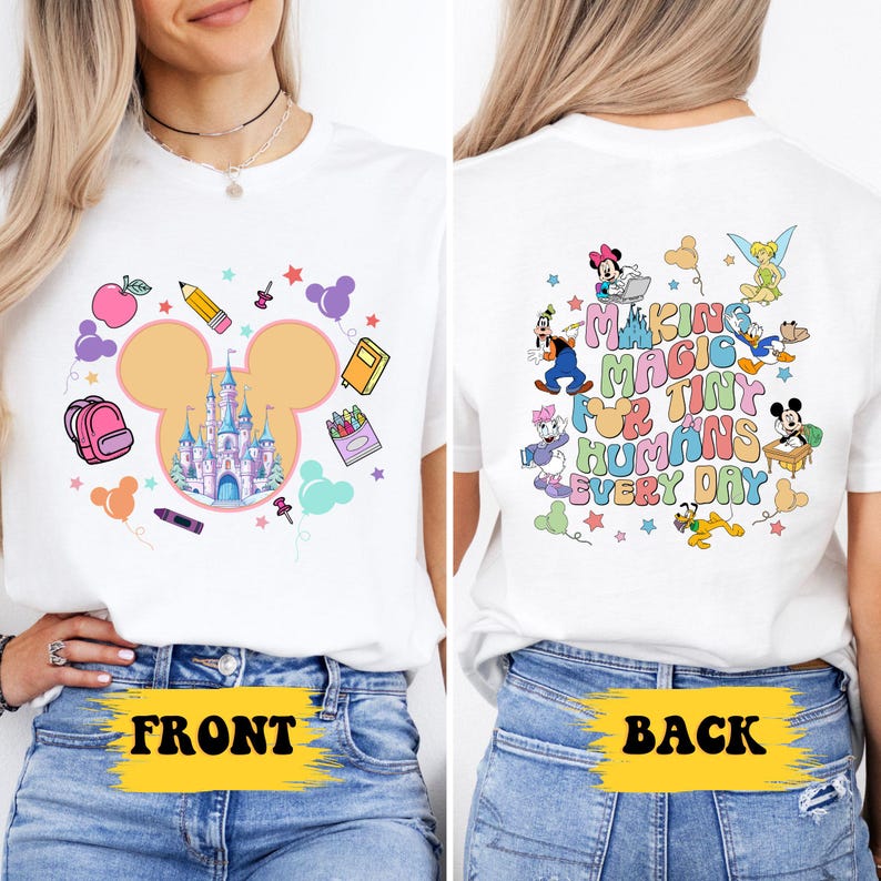 a woman wearing a mickey mouse shirt with the words front and back printed on it