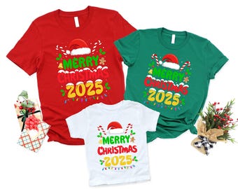 Merry Christmas 2025 Shirt, Santa Hat Tee, Holiday Family Gift