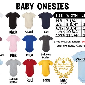 baby onesies sizes chart with different colors and sizes