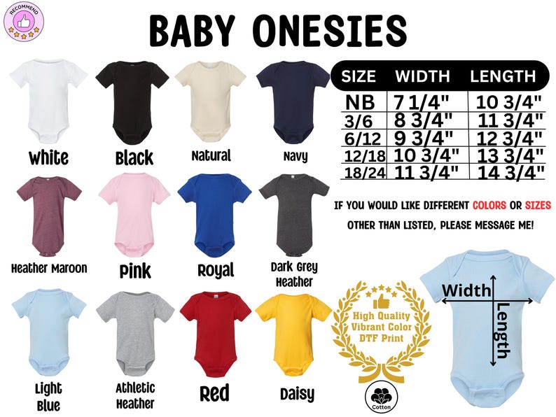 baby onesies sizes chart with different colors and sizes