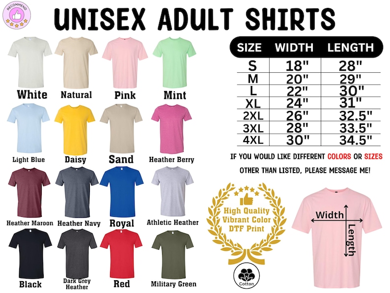 The Disney adult cotton soft-feeling shirts feature Disney or various themed prints.They come in multiple colors and sizes, including adult, youth, toddler,and baby sizes. The print is vibrant and colorful,and it's located in the center of the shirt.