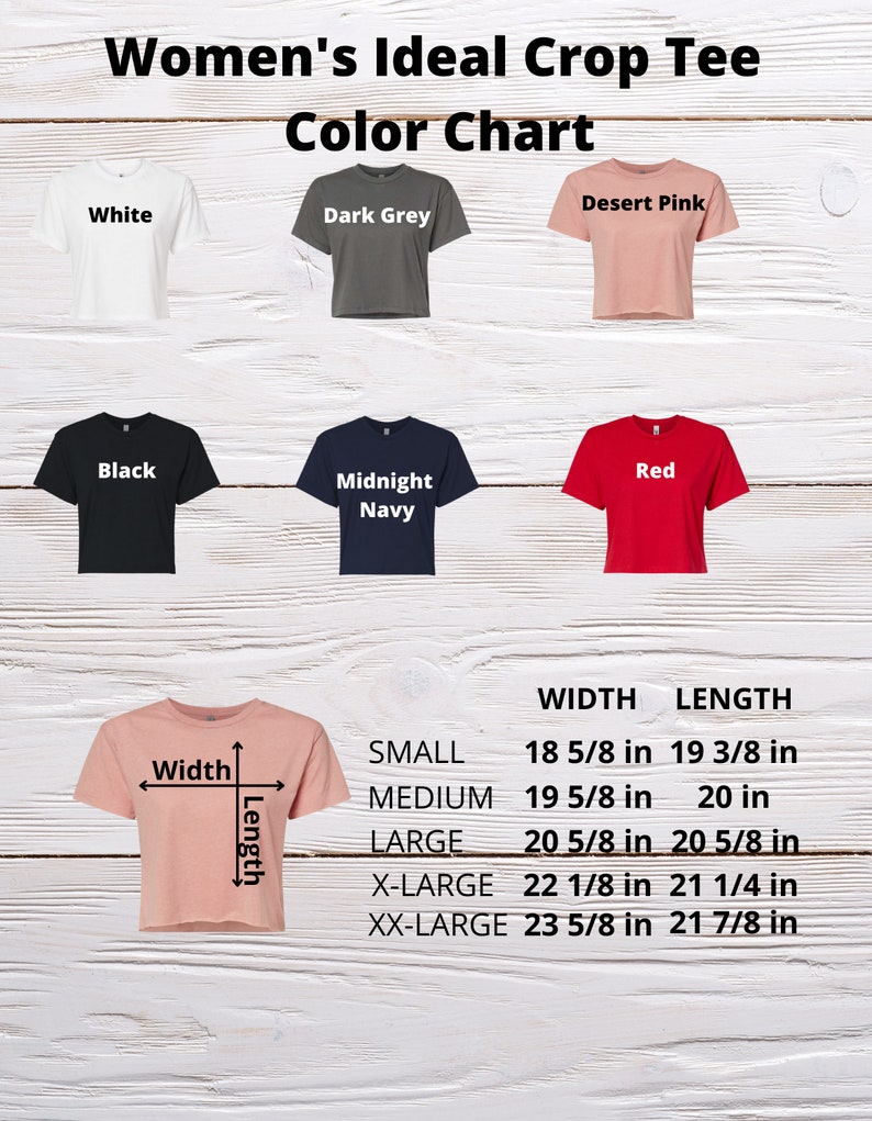 May include: Color chart for women's crop tops in white, dark grey, desert pink, black, red, and midnight navy. The chart shows the width and length measurements for each size: small, medium, large, x-large, and xx-large.