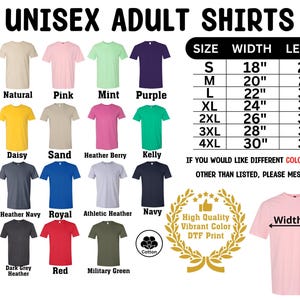 The adult cotton soft-feeling shirts feature Disney or various themed prints. They come in multiple colors and sizes, including adult, youth, toddler, and baby sizes. The print is vibrant and colorful, and it's located in the center of the shirt.