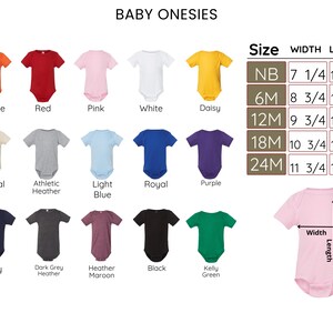 a collection of baby onesies in various colors and sizes, along with a size chart for each color.
