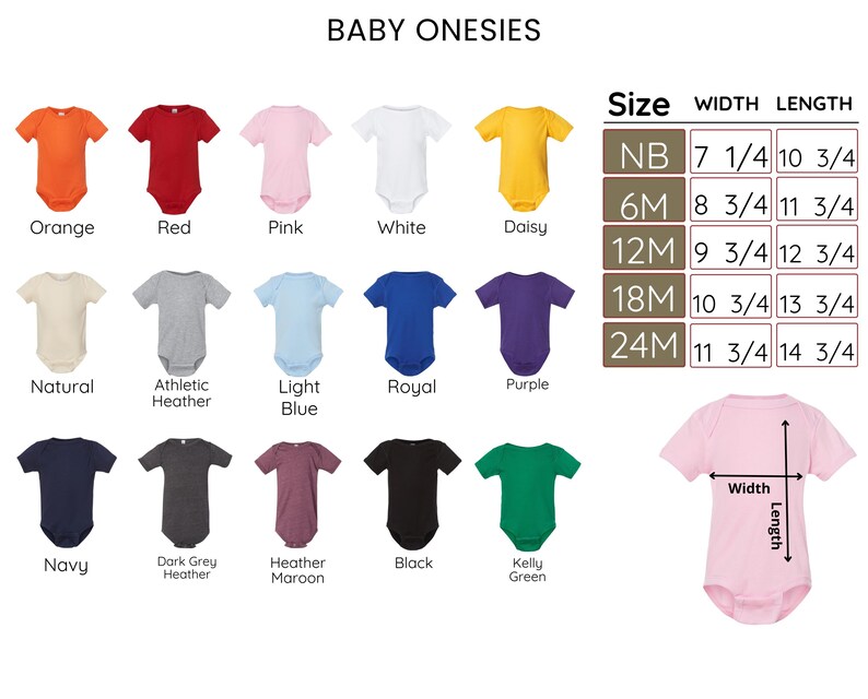a collection of baby onesies in various colors and sizes, along with a size chart for each color.