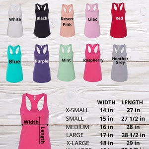 May include: Color chart for racerback tank tops in various colors, including white, black, desert pink, lilac, red, blue, purple, mint, raspberry, and heather grey. The chart also includes size measurements in inches for each size: X-Small (14 in wide, 27 in long), Small (15 in wide, 27 1/2 in long), Medium (16 in wide, 28 in long), Large (17 in wide, 28 1/2 in long), X-Large (18 in wide, 29 in long), and XX-Large (19 in wide, 29 1/2 in long).