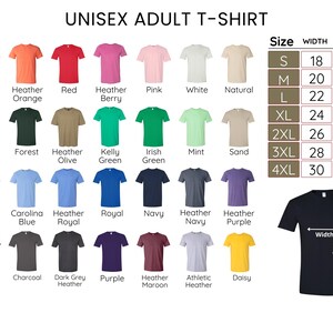 a variety of adult t-shirt designs in different colors and sizes, along with a size chart for these t-shirts.