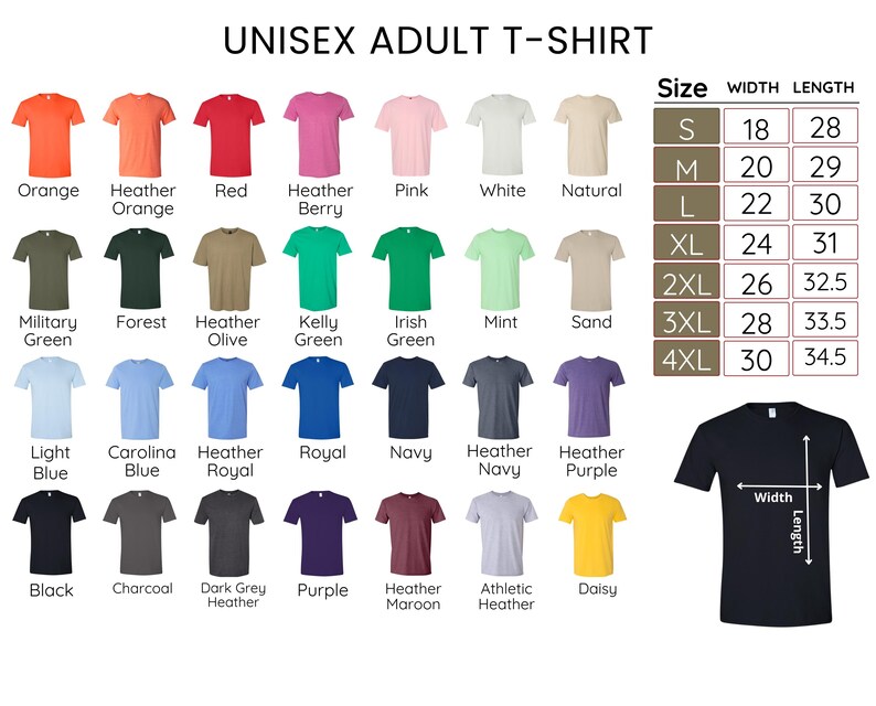 a variety of adult t-shirt designs in different colors and sizes, along with a size chart for these t-shirts.