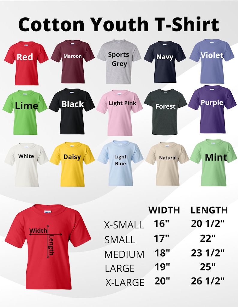 Puede incluir: Un gr&aacute;fico que muestra diferentes opciones de color para camisetas de j&oacute;venes. El gr&aacute;fico muestra 15 colores diferentes, incluyendo rojo, granate, gris deportivo, azul marino, violeta, lima, negro, rosa claro, bosque, morado, blanco, margarita, azul claro, natural y menta. El gr&aacute;fico tambi&eacute;n incluye una tabla de tallas con las siguientes tallas: XXS, XS, S, M y L. La tabla de tallas muestra el ancho y la longitud de cada talla en pulgadas.