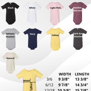 Puede incluir: Un gr&aacute;fico que muestra las opciones de talla y color para un body de jersey para beb&eacute;. El gr&aacute;fico muestra las opciones de talla 3/6, 6/12, 12/18 y 18/24. Las opciones de color son negro, blanco, rosa claro, marr&oacute;n jaspeado, gris jaspeado atl&eacute;tico, azul marino, amarillo y gris jaspeado oscuro. El gr&aacute;fico tambi&eacute;n muestra las medidas de ancho y largo para cada talla.