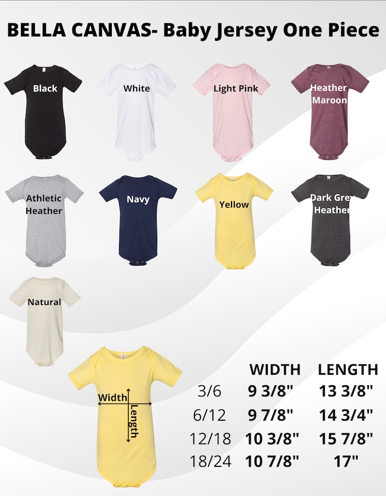 Puede incluir: Un gr&aacute;fico que muestra las opciones de talla y color para un body de jersey para beb&eacute;. El gr&aacute;fico muestra las opciones de talla 3/6, 6/12, 12/18 y 18/24. Las opciones de color son negro, blanco, rosa claro, marr&oacute;n jaspeado, gris jaspeado atl&eacute;tico, azul marino, amarillo y gris jaspeado oscuro. El gr&aacute;fico tambi&eacute;n muestra las medidas de ancho y largo para cada talla.