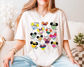 Disney Princess Balloons Themed Shirt, Cinderella, Moana, Merida, Tiana, Rapunzel, Ariel, Jasmine, Pocahontas, Mulan, Belle, Aurora