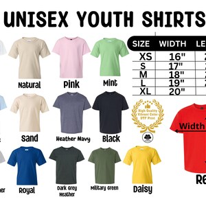 a variety of unisex youth shirts sizes and colors