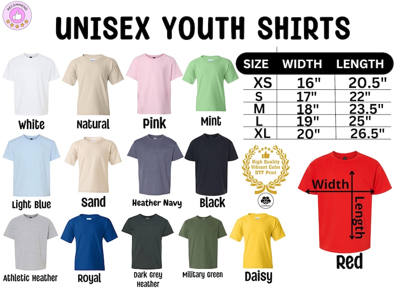 a variety of unisex youth shirts sizes and colors