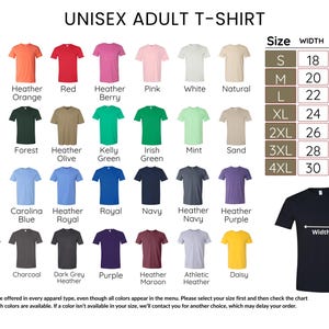 a variety of adult t-shirt colors and sizes, including different shades of orange, red, pink, white, natural, and military green. The chart provides a visual guide for selecting the appropriate size based on the color and width length.