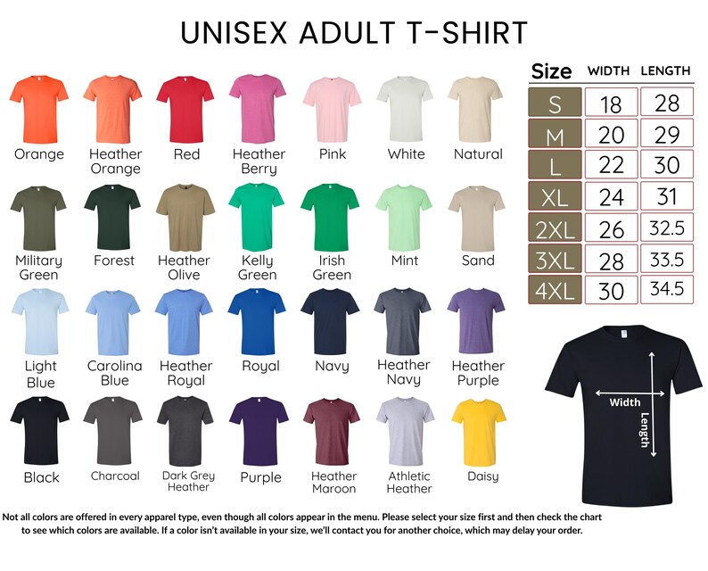 a variety of adult t-shirt colors and sizes, including different shades of orange, red, pink, white, natural, and military green. The chart provides a visual guide for selecting the appropriate size based on the color and width length.