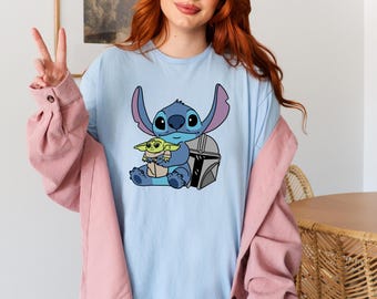 Stitch Baby Yoda Shirt, Grogu Stitch Disney Tee, Cute Alien Crossover Shirt, Mandalorian Inspired Gift, Disney Family Trip Tee