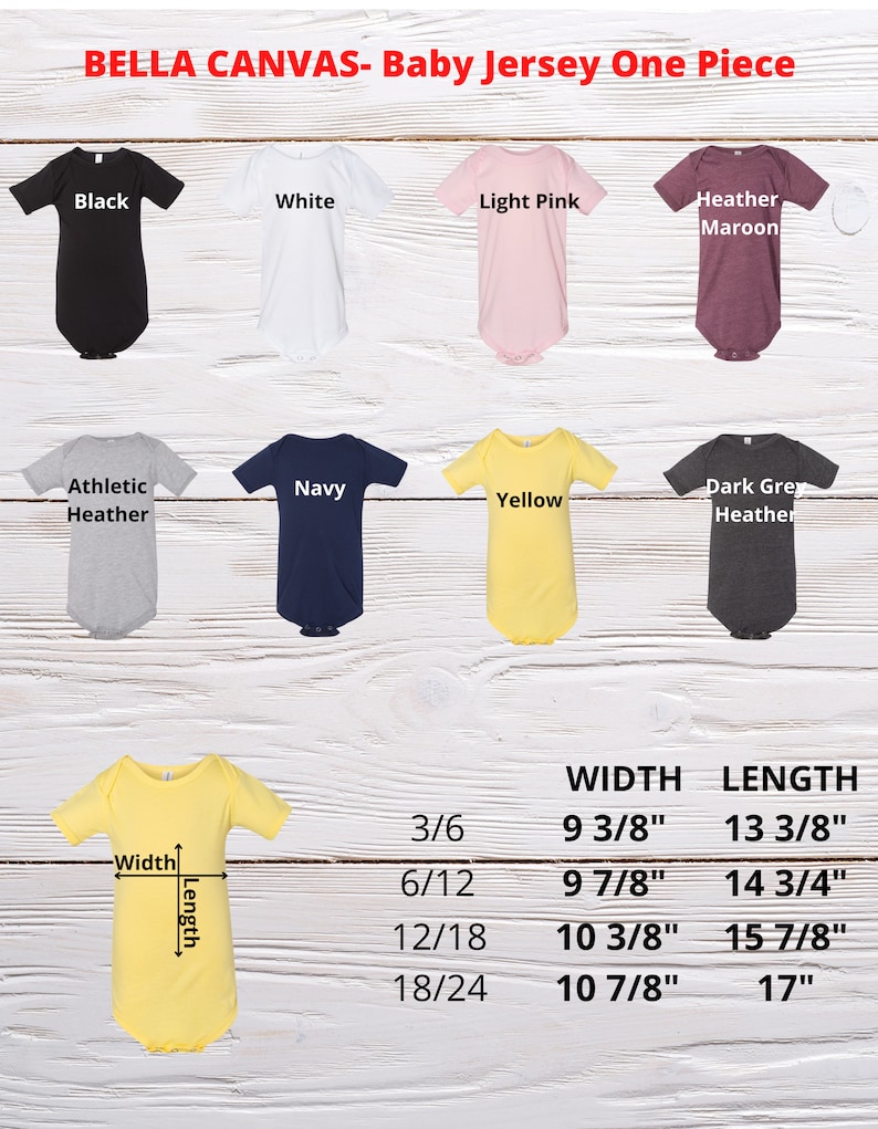 May include: A size chart for baby onesies in various colors, including black, white, light pink, heather maroon, athletic heather, navy, yellow, and dark grey heather. The chart shows the width and length measurements for sizes 3/6, 6/12, 12/18, and 18/24.