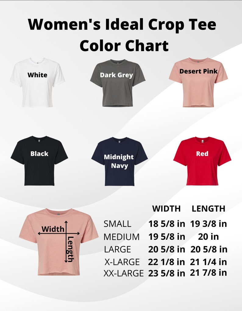 Puede incluir: Tabla de colores para camisetas de mujer de corte corto en blanco, gris oscuro, rosa desierto, negro, azul marino medianoche y rojo. La tabla muestra las medidas de ancho y largo para cada talla: peque&ntilde;a, mediana, grande, extra grande y extra extra grande.