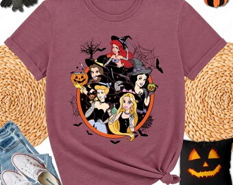 Halloween Disney Princesses Shirt, Ariel Snow White Rapunzel Cinderella Belle, Halloween Witch Themed Tee For Disney Vacation, Disney Shirt