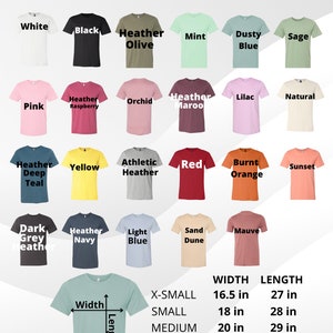 Puede incluir: Un gr&aacute;fico que muestra las opciones de talla y color para las camisetas unisex para adultos Bella Canvas 3001. El gr&aacute;fico muestra 20 opciones de color diferentes para las camisetas, incluyendo blanco, negro, verde oliva jaspeado, menta, azul polvoriento, salvia, rosa, frambuesa jaspeado, orqu&iacute;dea, marr&oacute;n jaspeado, lila, natural, azul oscuro jaspeado, amarillo, jaspeado atl&eacute;tico, rojo, naranja quemado, puesta de sol, gris oscuro jaspeado, azul marino jaspeado, azul claro, duna de arena y malva. El gr&aacute;fico tambi&eacute;n muestra las medidas de ancho y largo para cada talla, desde XS hasta XXL.
