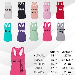 Puede incluir: Tabla de colores para camisetas de tirantes con espalda nadadora en varios colores, incluyendo blanco, negro, rosa desierto, lila, rojo, azul, morado, menta, frambuesa y gris jaspeado. La tabla tambi&eacute;n incluye medidas de tama&ntilde;o en pulgadas para el ancho y la longitud.