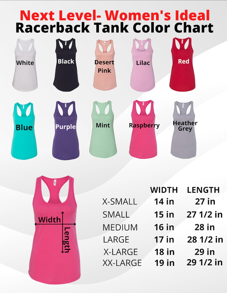 Puede incluir: Tabla de colores para camisetas de tirantes con espalda nadadora en varios colores, incluyendo blanco, negro, rosa desierto, lila, rojo, azul, morado, menta, frambuesa y gris jaspeado. La tabla tambi&eacute;n incluye medidas de tama&ntilde;o en pulgadas para el ancho y la longitud.