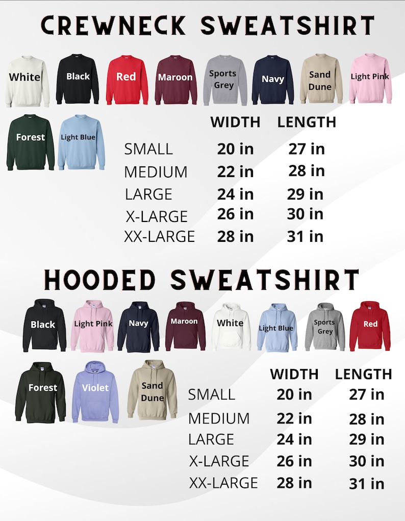 Puede incluir: Un gr&aacute;fico que muestra el tama&ntilde;o y las dimensiones de sudaderas con cuello redondo y con capucha en varios colores. El gr&aacute;fico incluye medidas de ancho y largo en pulgadas para las tallas peque&ntilde;a, mediana, grande, extra grande y extra extra grande.