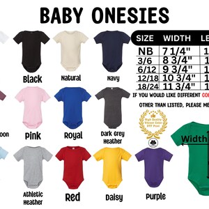 a collection of baby onesies in various colors and sizes, along with a size chart and a message indicating that there are other colors and sizes available.