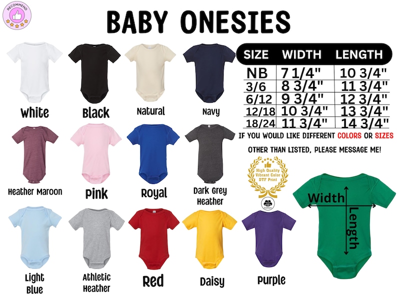 a collection of baby onesies in various colors and sizes, along with a size chart and a message indicating that there are other colors and sizes available.