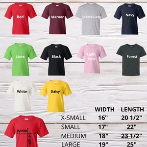 May include: A chart showing the size and dimensions of youth t-shirts in a variety of colors. The chart shows the width and length of the shirts in inches for sizes X-Small, Small, Medium, Large, and X-Large.