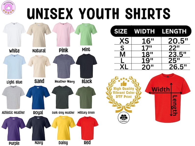a t - shirt size chart for a youth's youth's youth '