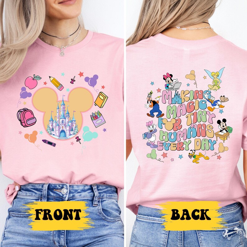 a woman wearing a pink shirt with mickey mouse on it