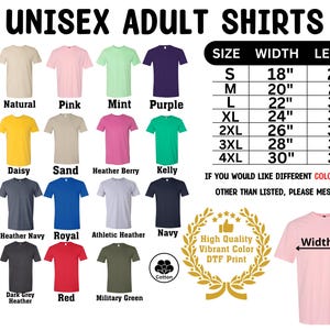 a variety of adult t-shirts in different colors and sizes, along with a size chart and a message indicating that the image is a collage of multiple images and should not be described individually.