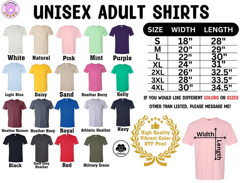 a variety of adult t-shirts in different colors and sizes, along with a size chart and a message indicating that the image is a collage of multiple images and should not be described individually.