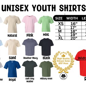 The adult cotton soft-feeling shirts feature Disney or various themed prints. They come in multiple colors and sizes, including adult, youth, toddler, and baby sizes. The print is vibrant and colorful, and it's located in the center of the shirt.
