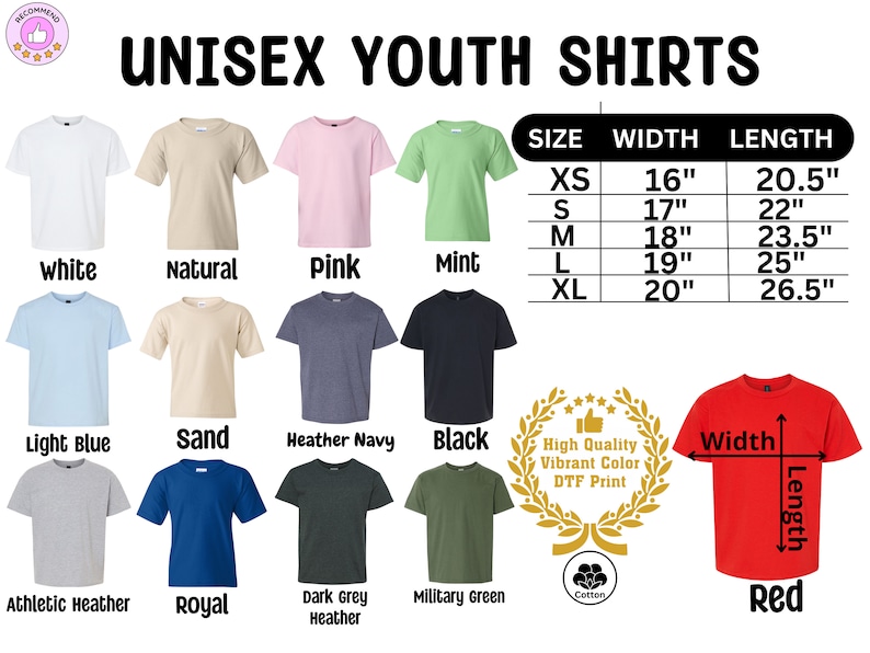 The adult cotton soft-feeling shirts feature Disney or various themed prints. They come in multiple colors and sizes, including adult, youth, toddler, and baby sizes. The print is vibrant and colorful, and it's located in the center of the shirt.