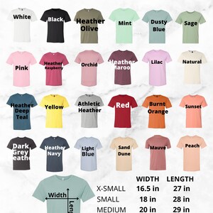 May include: A chart showing the size and color options for Bella Canvas 3001 unisex adult t-shirts. The chart shows 18 different color options, including white, black, heather olive, mint, dusty blue, sage, pink, heather raspberry, orchid, heather maroon, lilac, natural, heather deep teal, yellow, athletic heather, red, burnt orange, sunset, dark grey heather, heather navy, light blue, sand dune, mauve, and peach. The chart also includes a size guide with measurements in inches for the width and length of each size: X-Small (16.5 in x 27 in), Small (18 in x 28 in), Medium (20 in x 29 in), Large (22 in x 30 in), X-Large (24 in x 31 in), and XX-Large (26 in x 32 in).