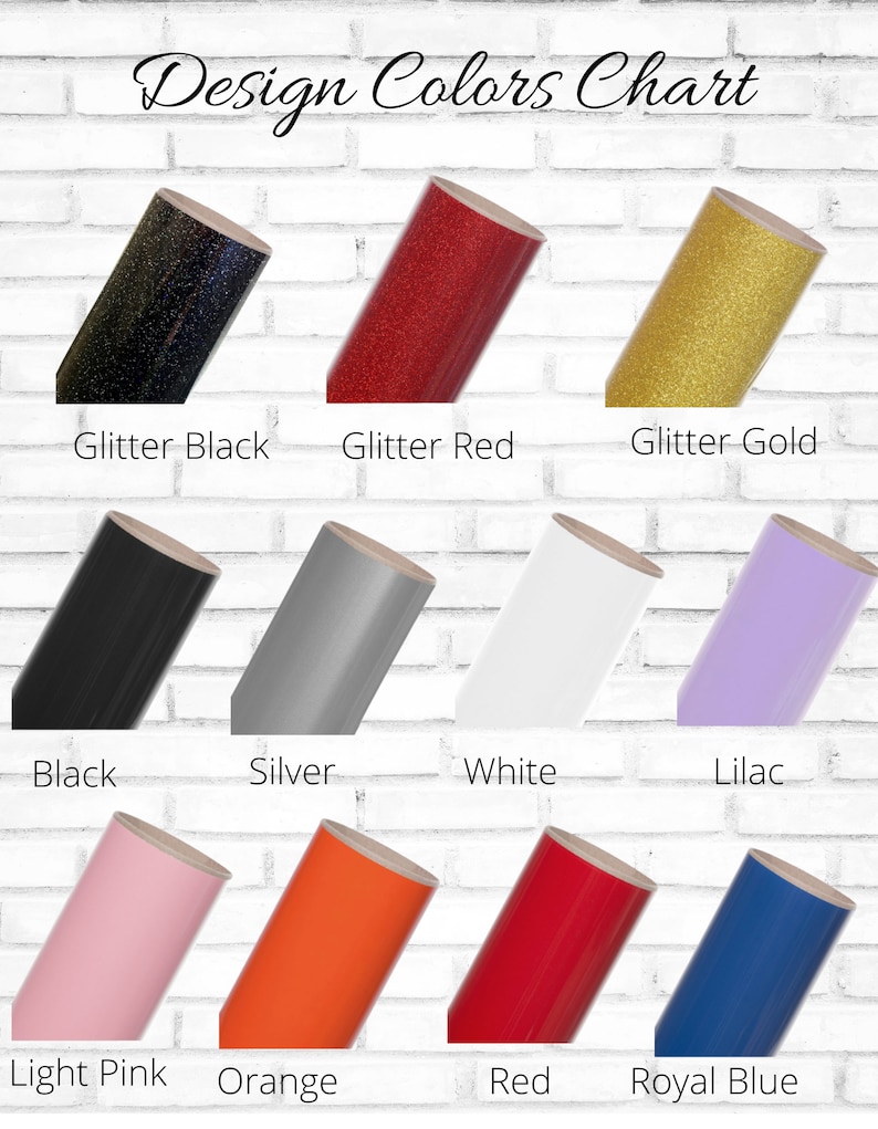 May include: Color chart showing different vinyl colors for crafting projects. The colors include glitter black, glitter red, glitter gold, black, silver, white, lilac, light pink, orange, red, and royal blue.