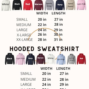 May include: A chart showing the width and length measurements for crewneck and hooded sweatshirts in various sizes. The sizes are small, medium, large, x-large, and xx-large. The measurements are in inches.