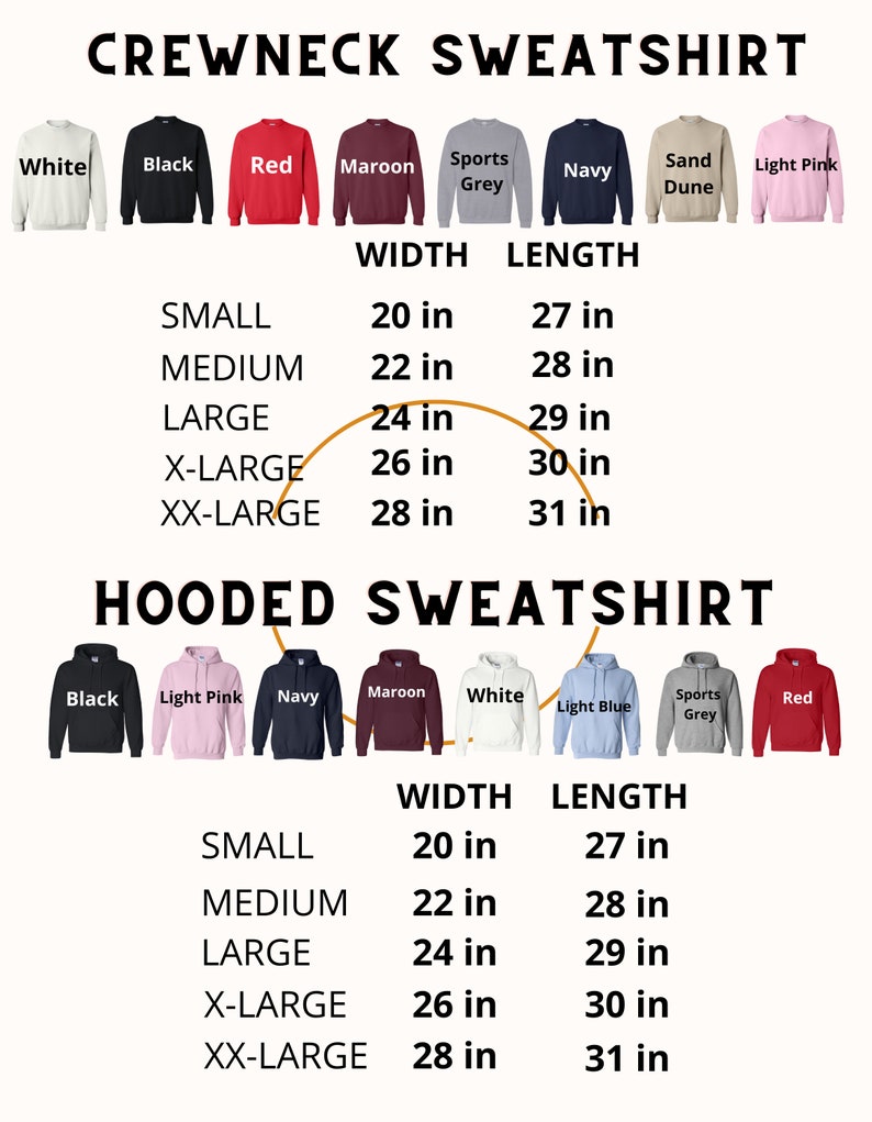 May include: A chart showing the width and length measurements for crewneck and hooded sweatshirts in various sizes. The sizes are small, medium, large, x-large, and xx-large. The measurements are in inches.