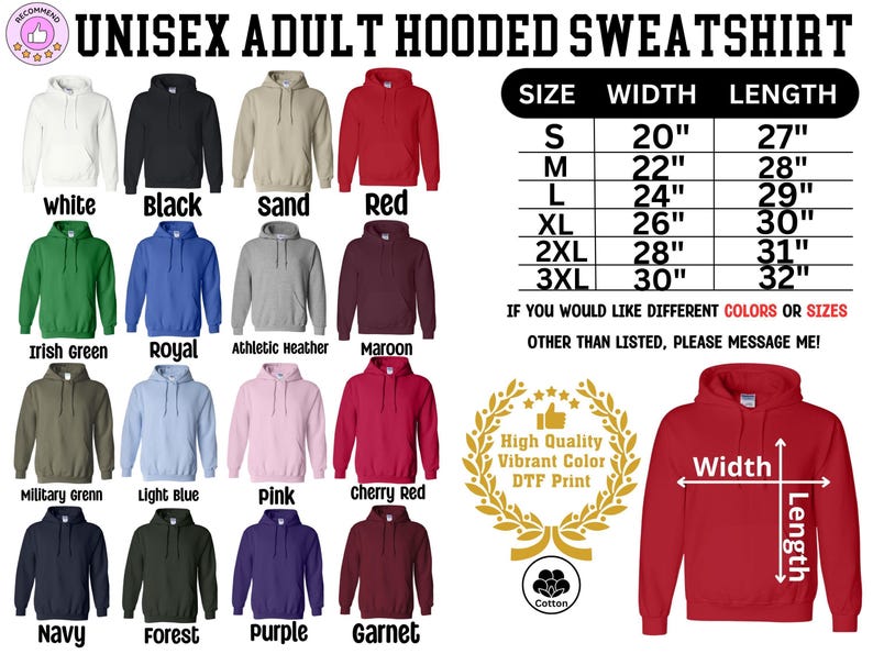 a full zip hoodie sweatshirt with the measurements for each of the hoodies