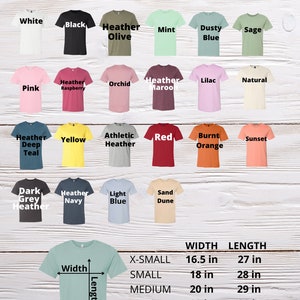May include: A chart showing the different colors and sizes available for Bella Canvas 3001 unisex adult t-shirts. The chart shows 24 different colors and 6 sizes: X-Small, Small, Medium, Large, X-Large, and XX-Large. The chart also includes the width and length measurements for each size in inches.