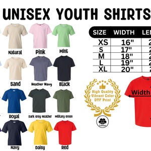 The image is a collage of various youth t-shirt designs, including different colors and styles, along with size and length measurements for each shirt.