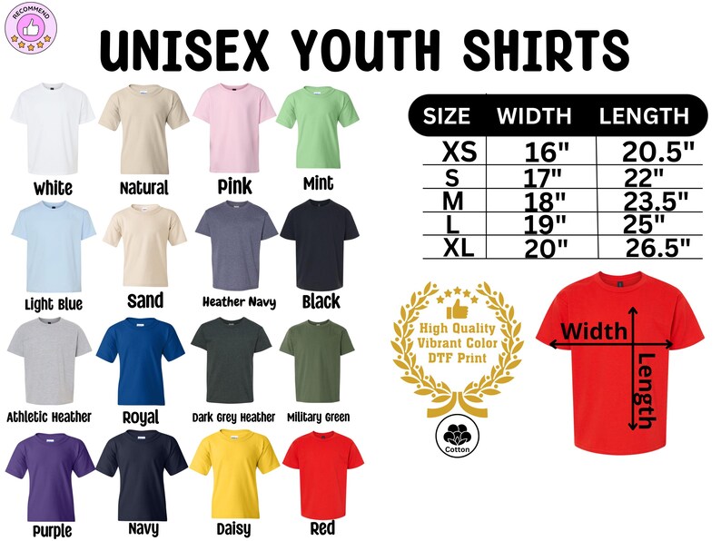 The image is a collage of various youth t-shirt designs, including different colors and styles, along with size and length measurements for each shirt.