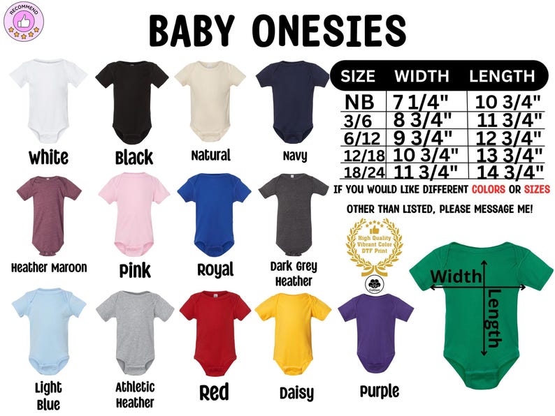 baby onesies sizes chart with different colors