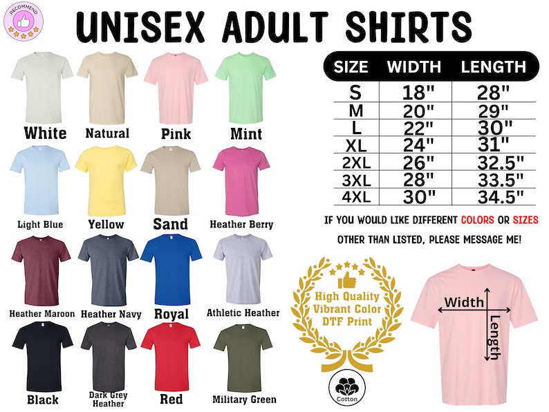 The adult cotton soft-feeling shirts feature Disney or various themed prints. They come in multiple colors and sizes, including adult, youth, toddler, and baby sizes. The print is vibrant and colorful, and it's located in the center of the shirt.